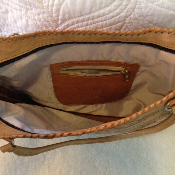 VTG Tooled Leather Shoulder Purse; Patchwork, Artistic; Latin inspired; Western - Picture 3 of 5